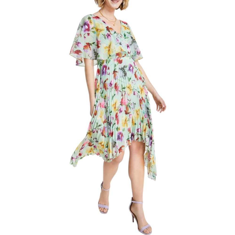 KENSIE Floral Flutter Sleeve Chiffon Pleated Midi Dress Green Pink
Size 4